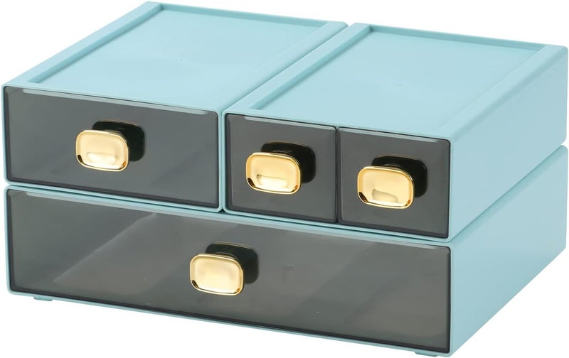OSteed Spacious Desktop Storage Box, 1 Large 1 Middle & 2 Small Storage Drawers, Stackable Office Desk Drawer Organizer and Accessories, Printer Paper Organizer, Cyan Plastic Drawers for Workspace - Image 1
